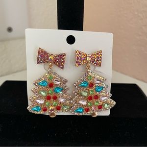 NWT Colorful Rhinestone Christmas Tree Dangle Earrings